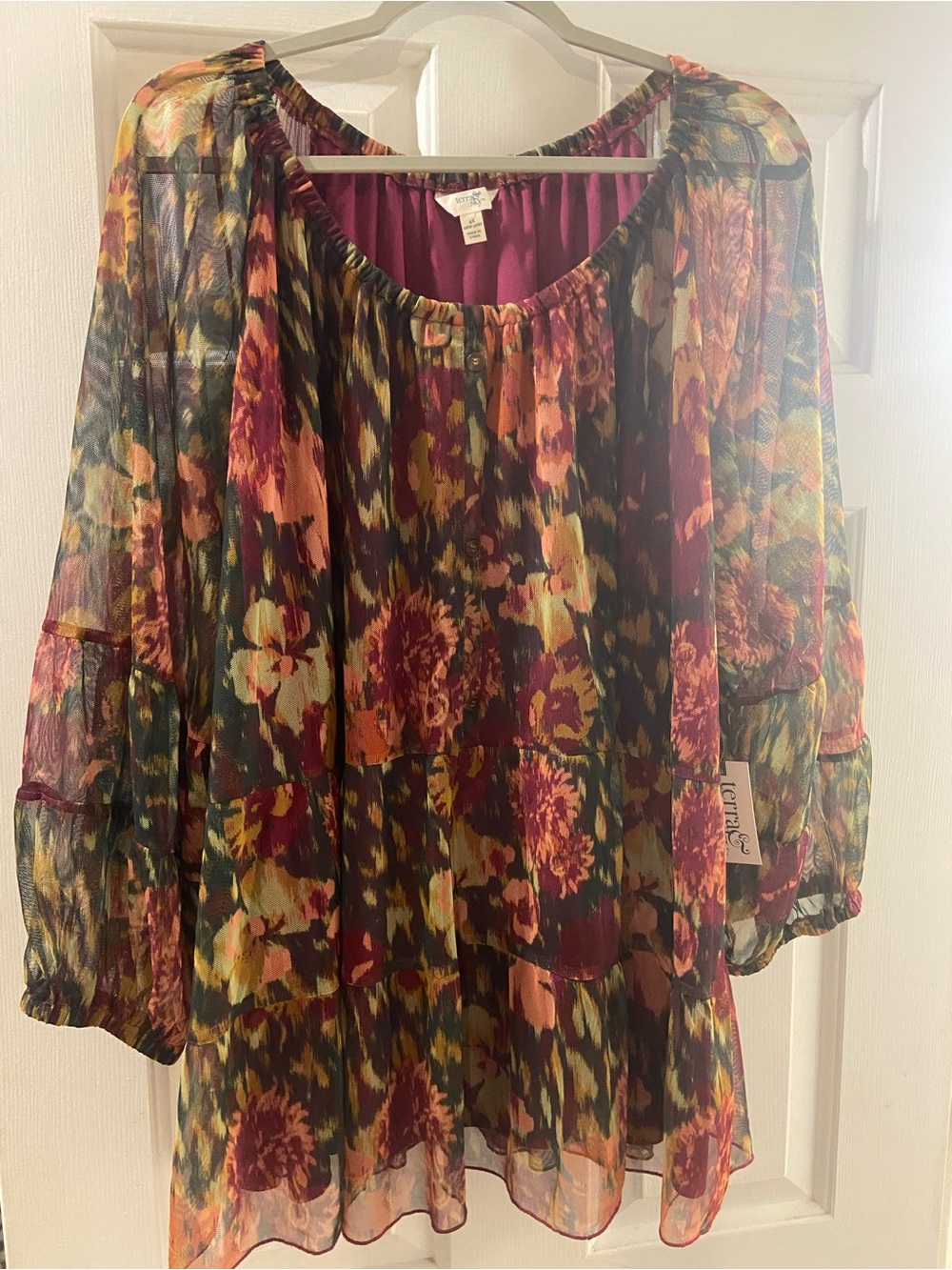 3x Terra & Sky Burgundy Boho Multi Floral Flowy Tunic